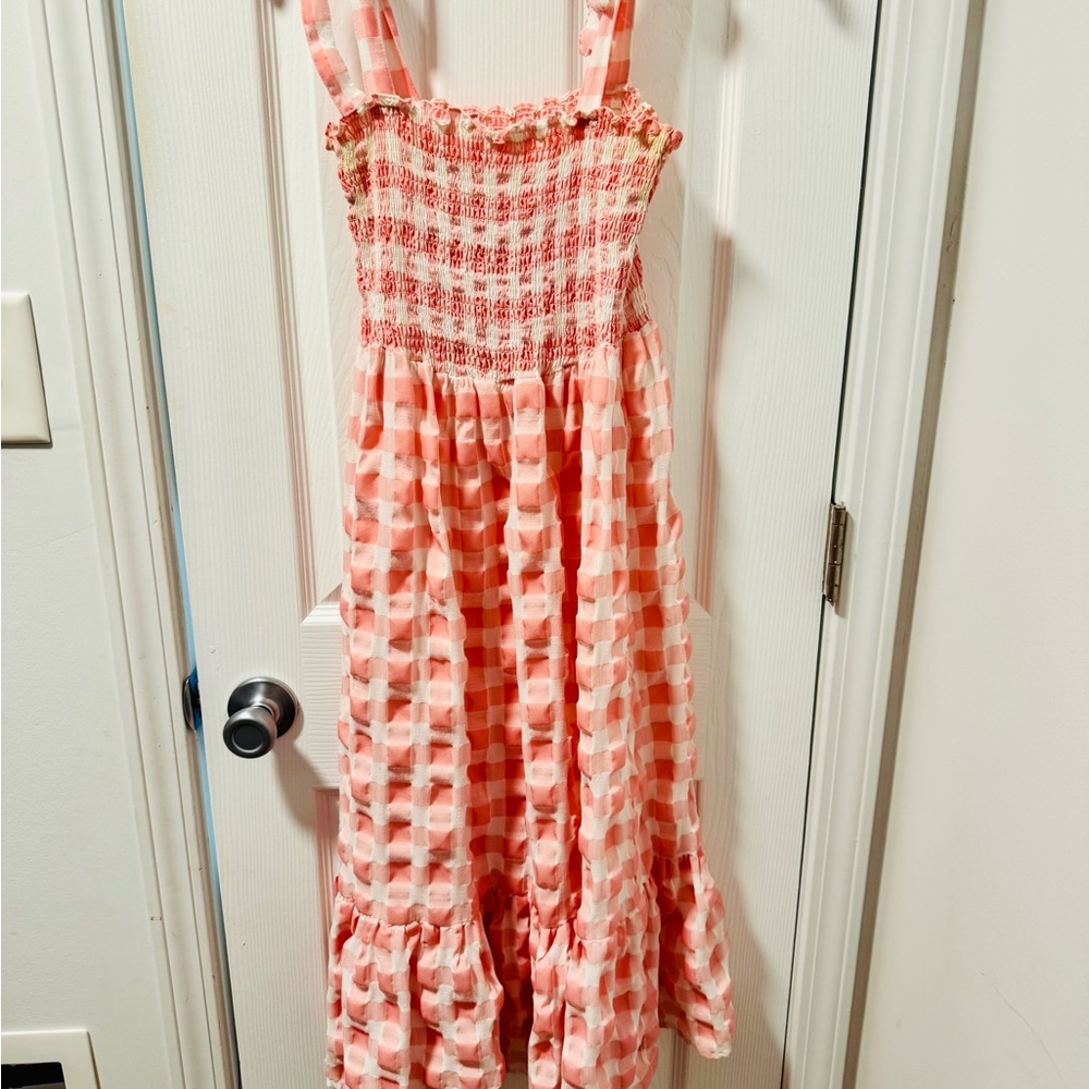 SHEIN Pink Gingham Midi Smocked Sundress